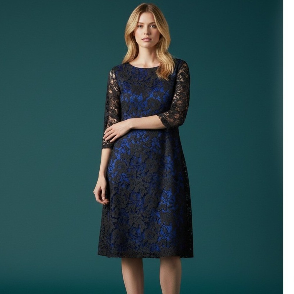Donna Morgan Lace Sheath Dress Womens 8 Black Blue 3/4 Sleeve Floral Cocktail NW